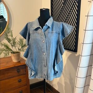 Light Wash Blue Ruffled Sleeve Denim Jacket